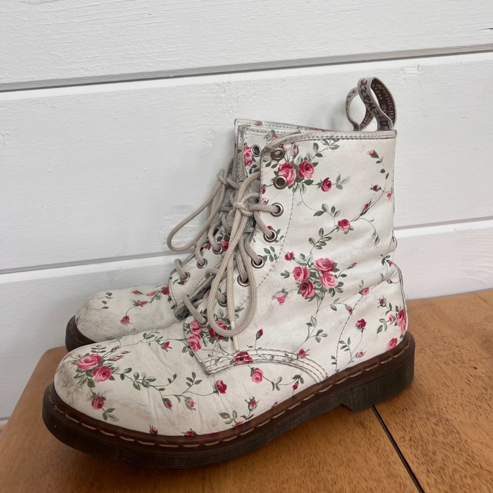 Dr. Martens 1460 Portland Rose Floral Combat Boots White Womens 9